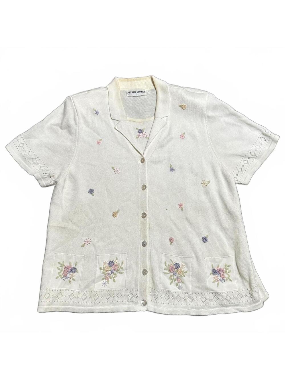 Alfred Dunner Button Up Sweater Up Embroidered Short Sleeve Top Size XL